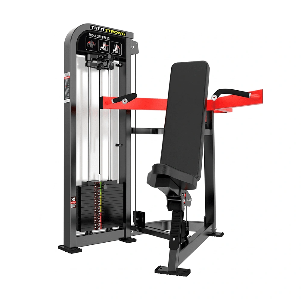 Máquina de desenvolvimento de ombros HS04 com torre de pesos, banco com encosto e pegadores laterais, indicada para treino de ombros, deltoides, trapézio e membros superiores em academias, hotéis, condomínios, studios e centros de treinamento.