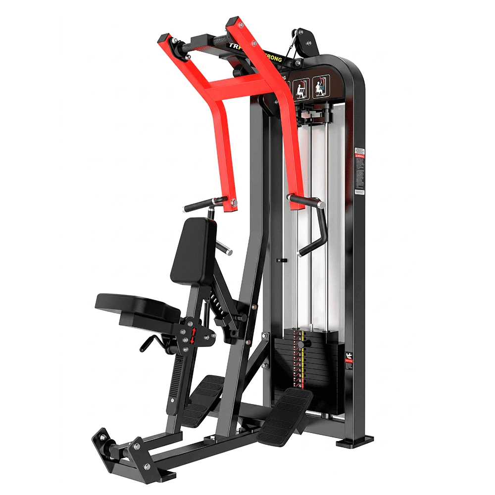 Máquina de remada sentada HS08 com torre de pesos, banco com apoio para peito e plataformas para os pés, indicada para treino de costas, dorsais, trapézio, bíceps e membros superiores em academias, hotéis, condomínios, studios e centros de treinamento