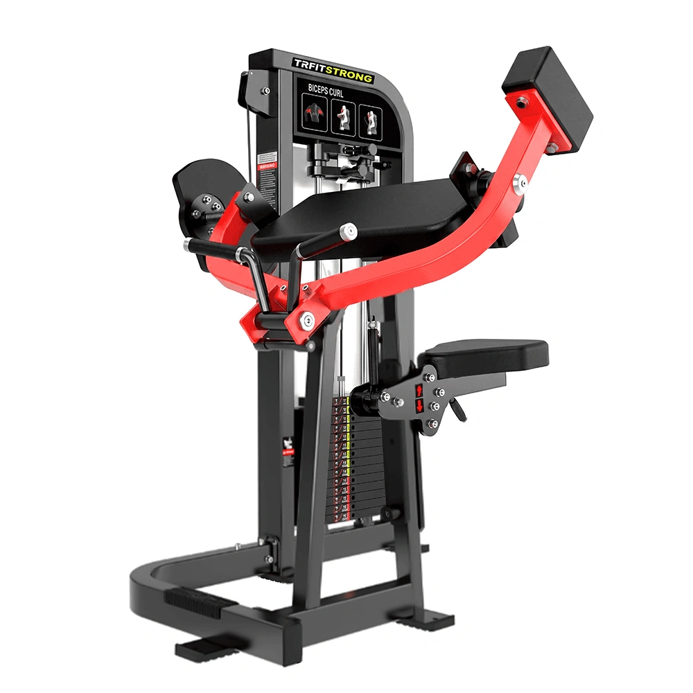 Máquina de bíceps rosca Scott HS09 com torre de pesos, banco ajustável e apoio acolchoado para os braços, indicada para treino de bíceps e membros superiores em academias, hotéis, condomínios, studios e centros de treinamento.