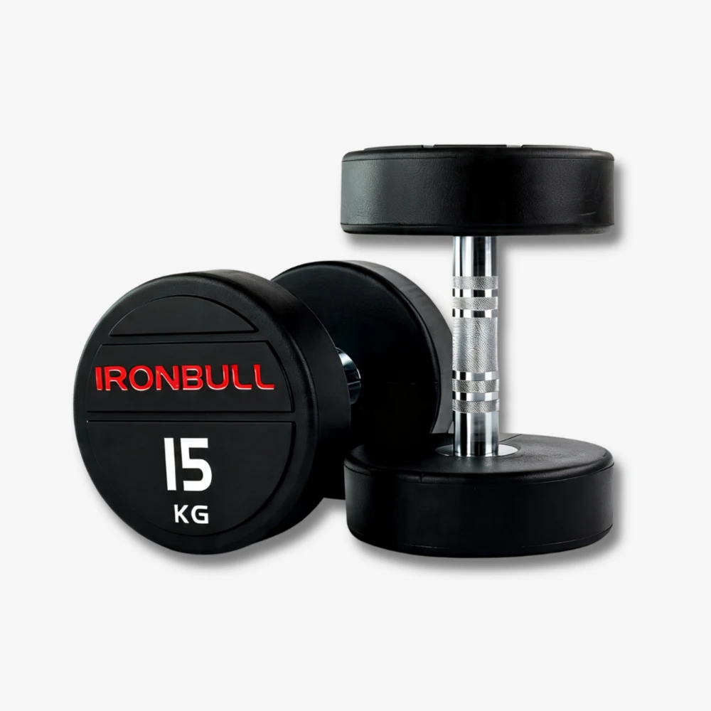 Dumbbell emborrachado profissional Ironbull Premium de 15 kg com borracha virgem e pegada recartilhada.