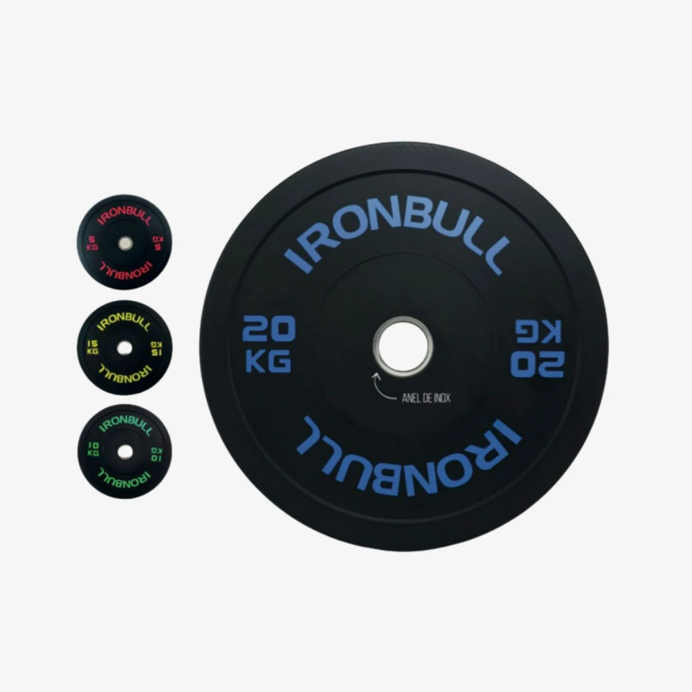 Anilha Emborrachada Funcional Ironbull com 100% borracha virgem, anel de inox e alta resistência a impactos.